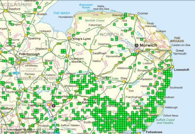 Badger distribution map for Norfolk (in 2015)